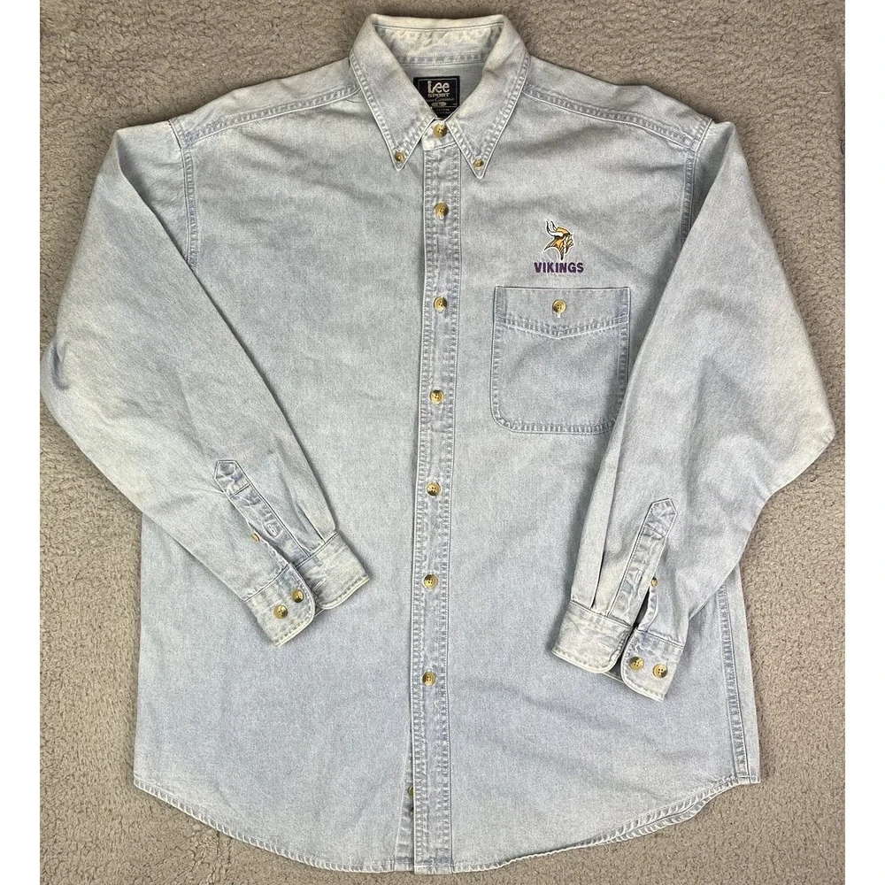 Vintage 90s Denim‎ Button Up Minnesota Vikings Football Shirt Lee Sport Men's L